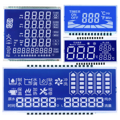 Pannello LCD STN personalizzato, modalità blu STN/sfondo con caratteri bianchi/font display, connessione a pin metallici