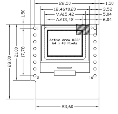 0Display OLED da 16 pin con 64x48 pixel, caratteri bianchi/blu Display OLED ultra-low power